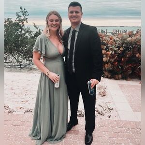 Lulu's Sage Green Flutter Sleeve formal Dress